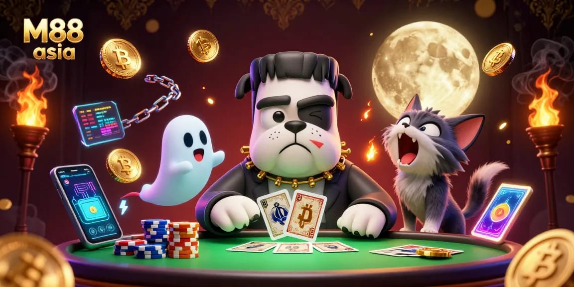 Engage in thrilling gaming at M88 asia with a vibrant, dynamic casino scene illustration.