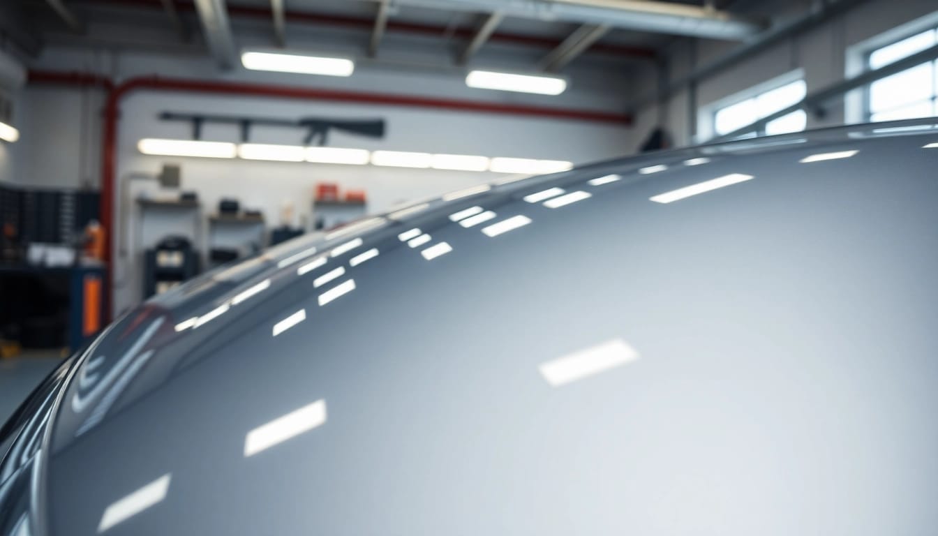 Applying paint protection film near me to a car in a professional auto workshop environment.