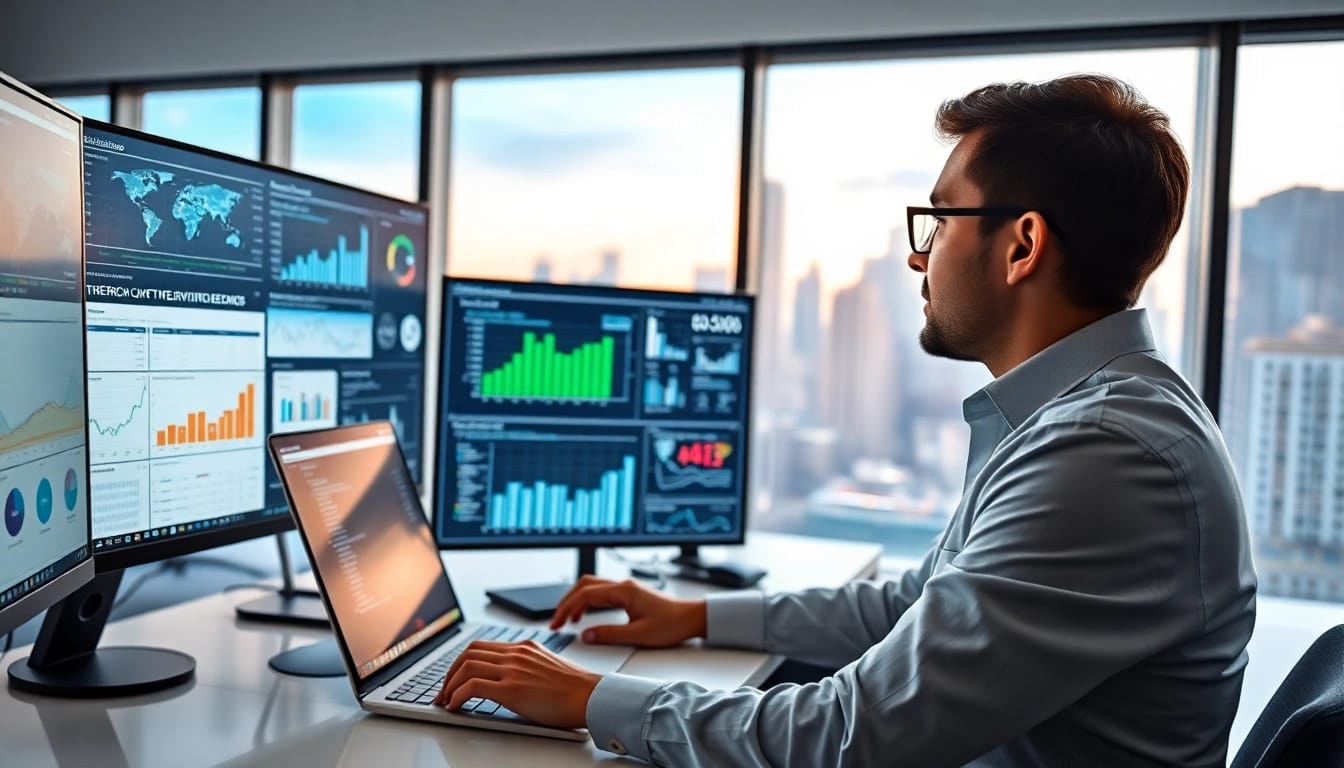 Analyze AI for competitive intelligence insights with a professional data analyst at a modern desk.