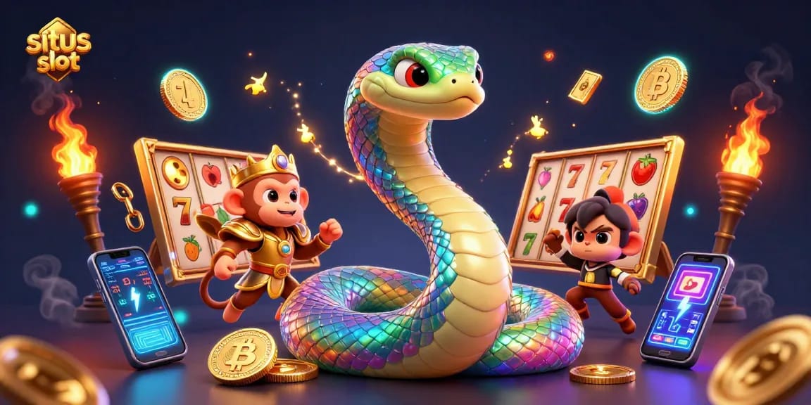 Engage with exciting situs slot games featuring a rainbow serpent and animated elements.