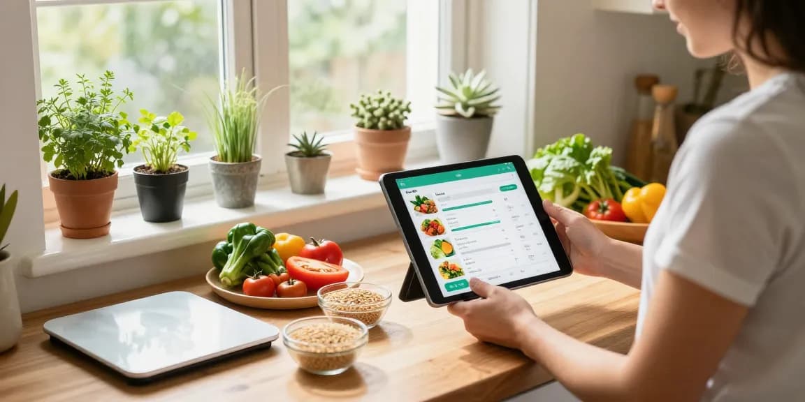 A user exploring the best food tracker app while preparing a healthy meal with fresh ingredients.