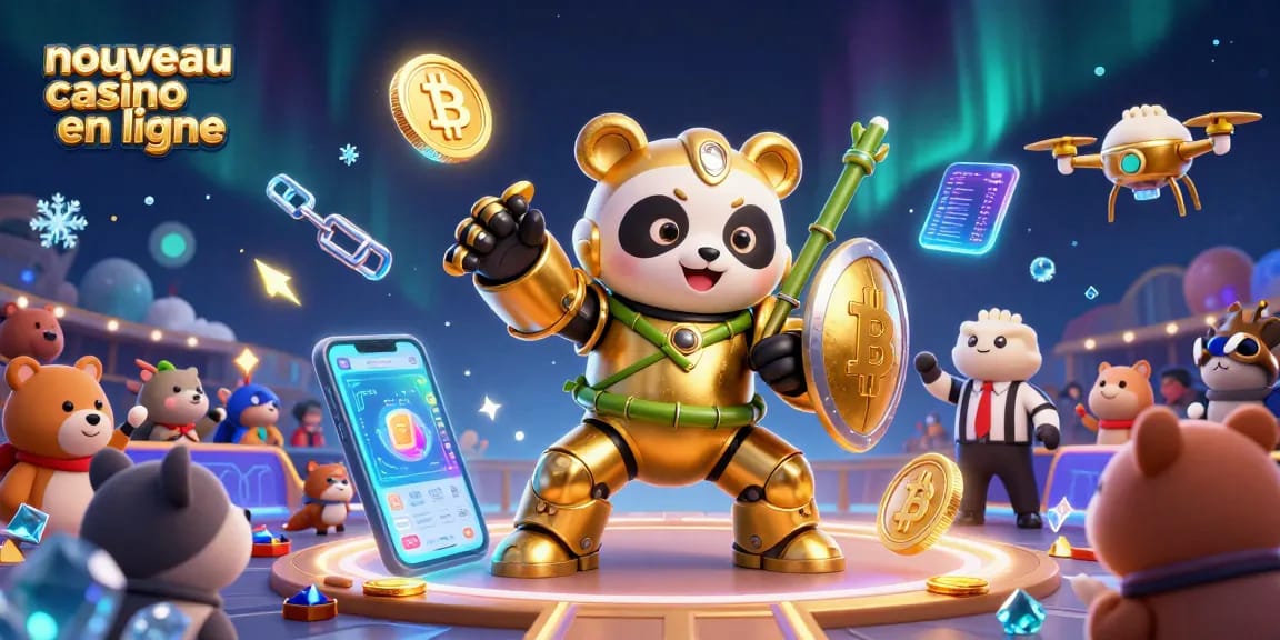 Découvrez le nouveau casino en ligne avec un panda doré en armure, pilotant un robot dans une animation vivante.