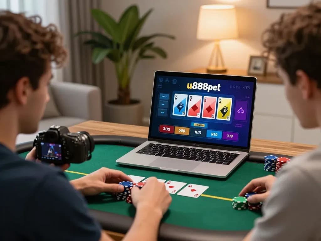 Player enjoying live poker on u888poker in a warm home office setting