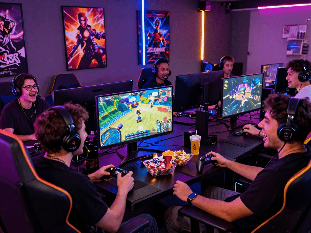 Engaged players enjoying an adult game in a vibrant gaming lounge.