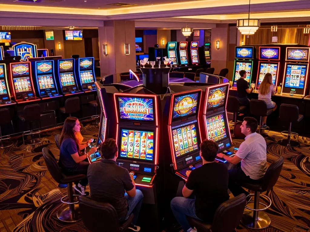Players engaging with vibrant slot machines in a lively casino atmosphere, highlighting the thrill of winning spins