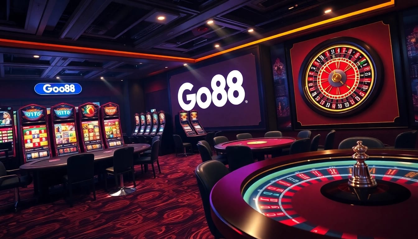 Go88 gaming scene with poker tables and vibrant slot machines in a luxurious casino atmosphere