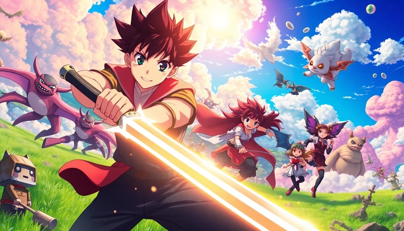 Watch anime series online with epic anime characters in a vibrant fantasy battle scene.