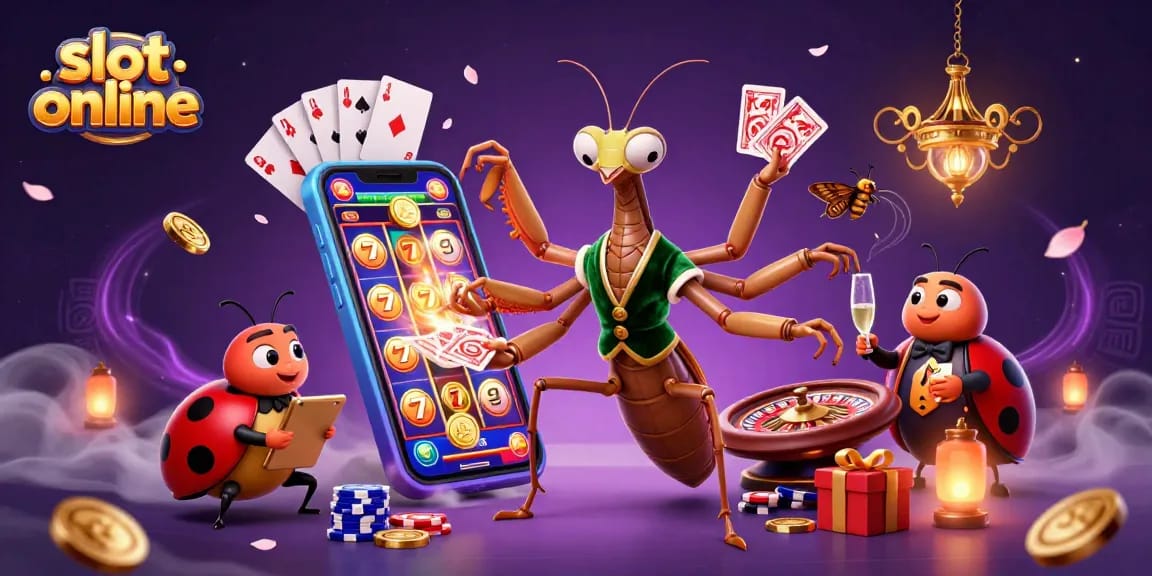 Rasakan sensasi slot online dengan ilustrasi menarik dari karakter kasino dan permainan slot yang meriah.