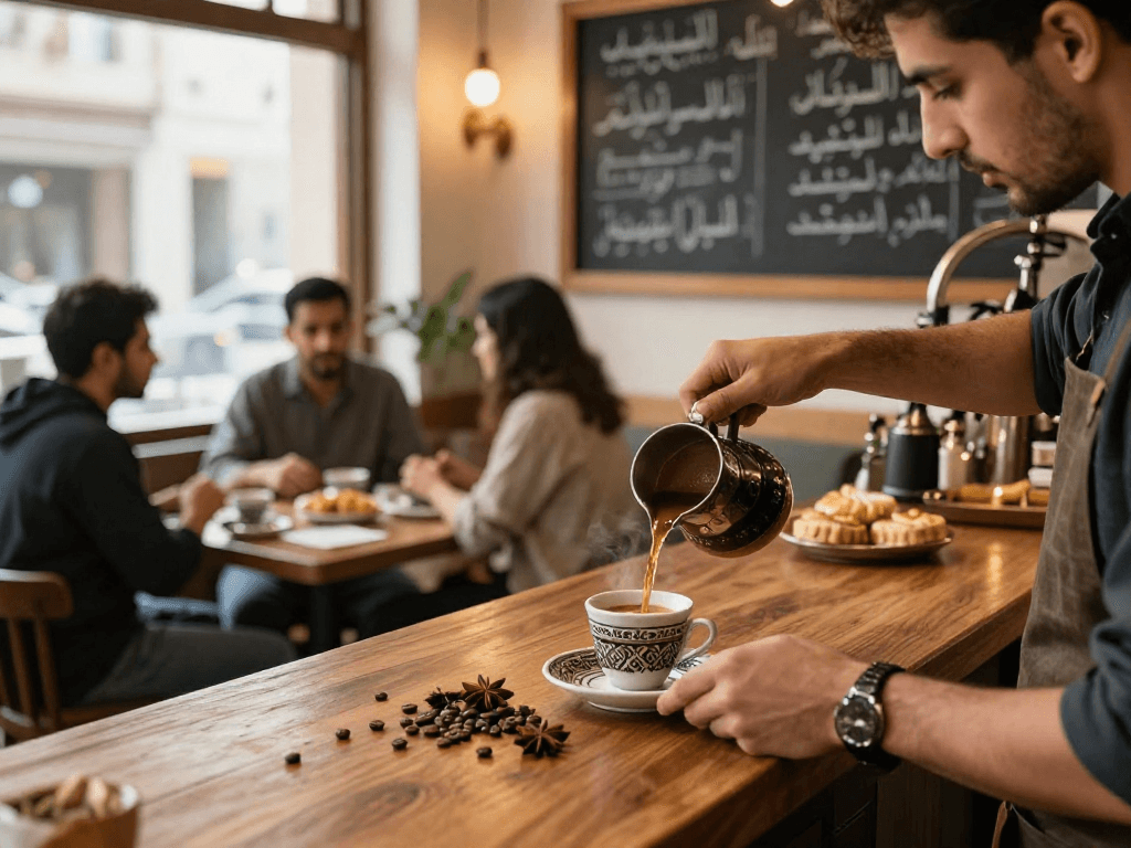 قهوجي وصبابين يصب القهوة العربية في مقهى مريح مع زبائن مستمتعين.