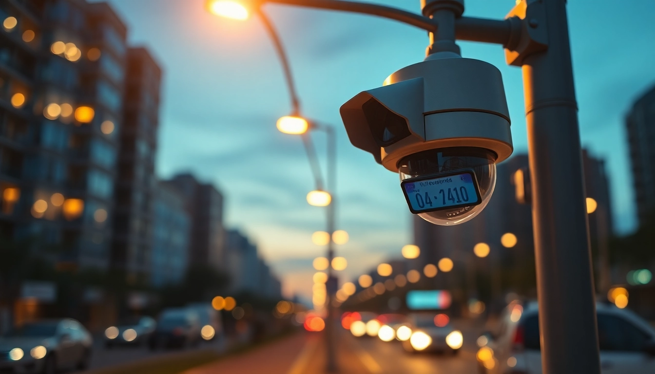 Automatic license plate recognition technology capturing vehicle data in urban environments.