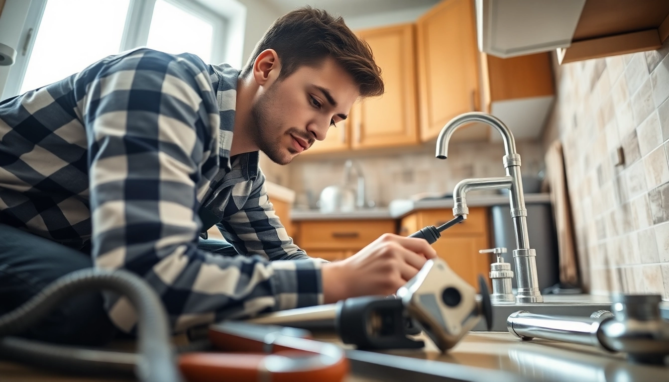 Plumbing apprenticeship demonstrates skills with tools in a bright kitchen setting.