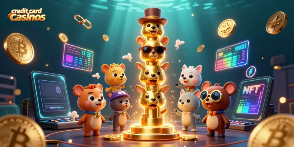 Engage with credit card casinos featuring a vibrant totem pole and crypto elements in this 3D illustration.