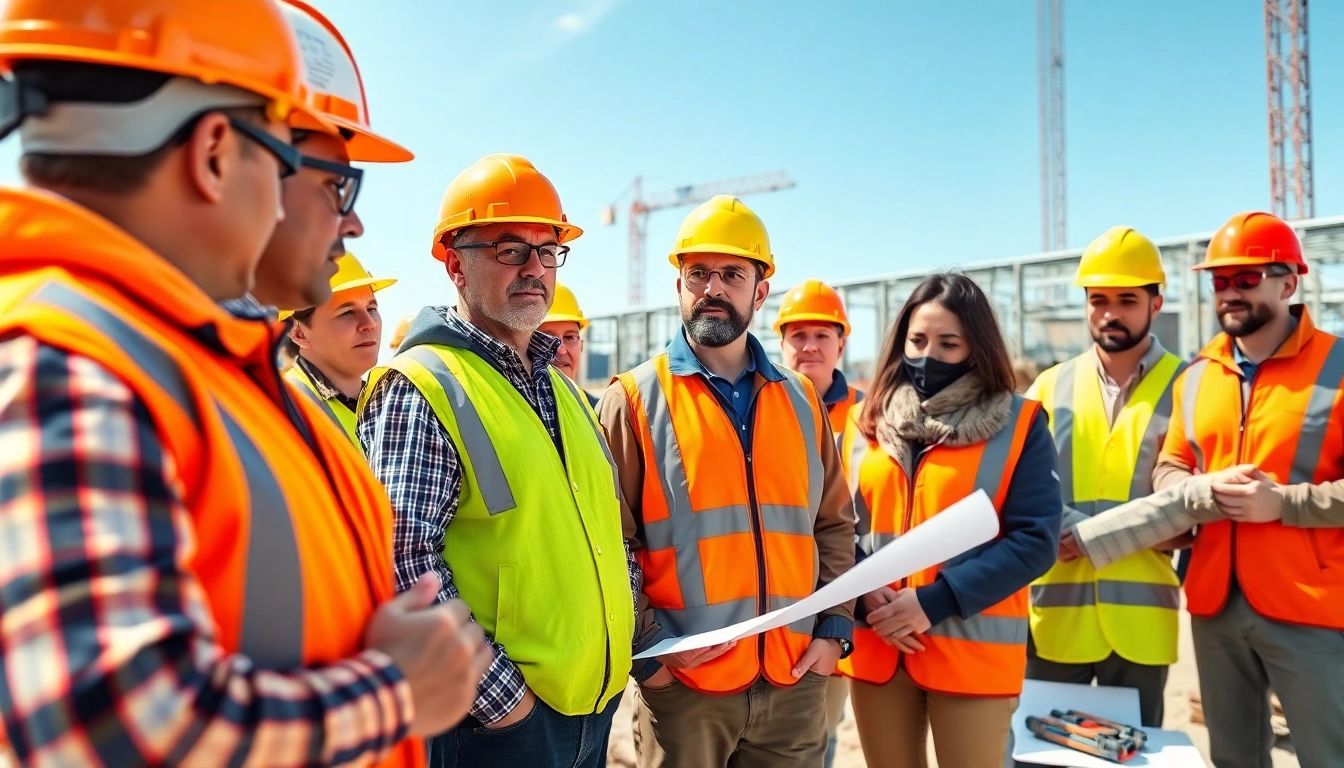 Construction site safety training session with diverse trainees focusing on safety protocols.