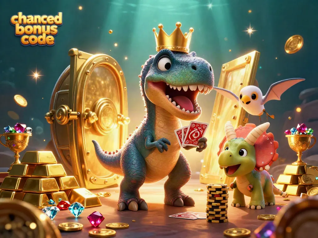Chanced casino bonus code illustration with cartoon dinosaurs playing cards and stacking chips in a treasure scene.