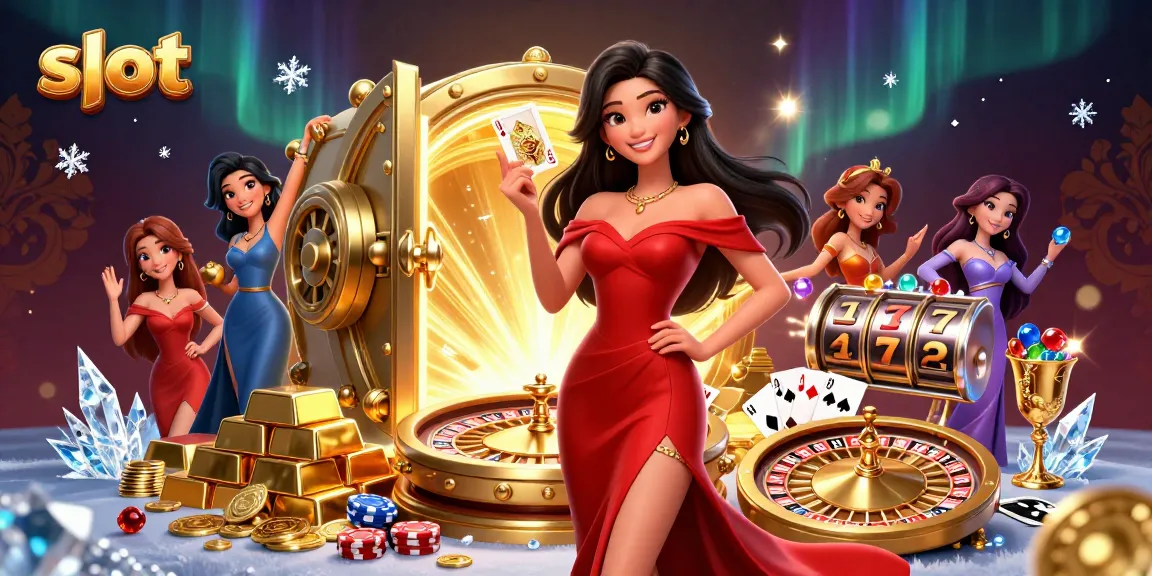 Spin the slot reels with a stunning young woman at a glamorous casino setting.