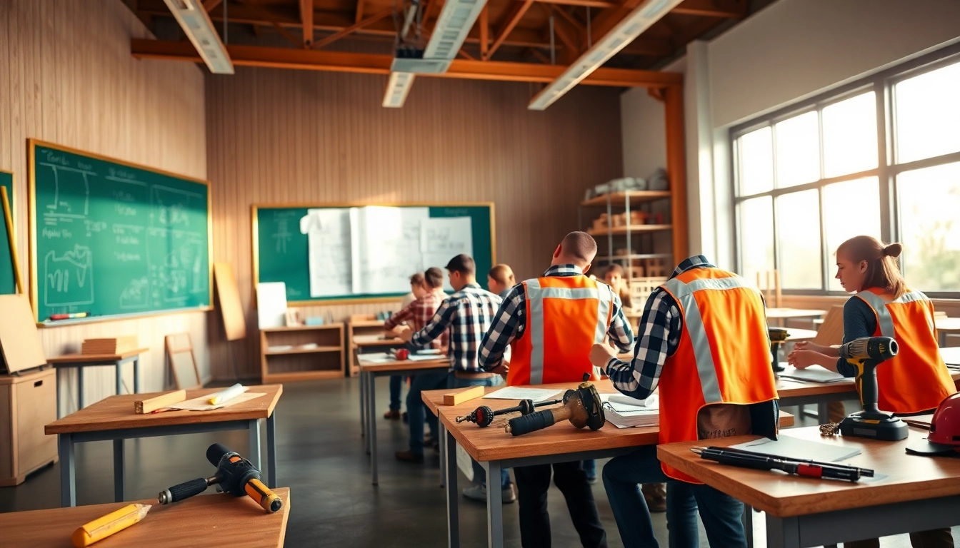 Students learning at construction trade schools in texas, engaged in hands-on learning with tools