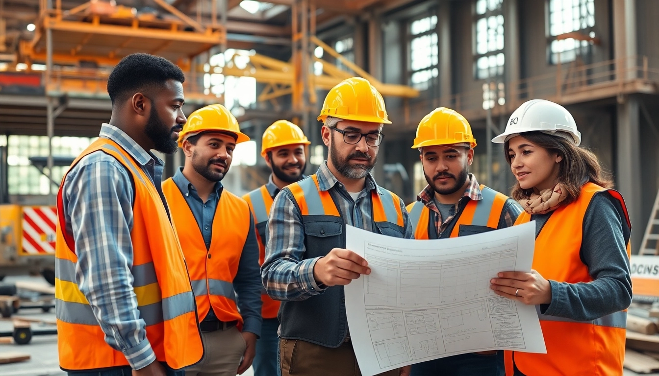 New York General Contractor reviewing plans with a team at a bustling construction site.