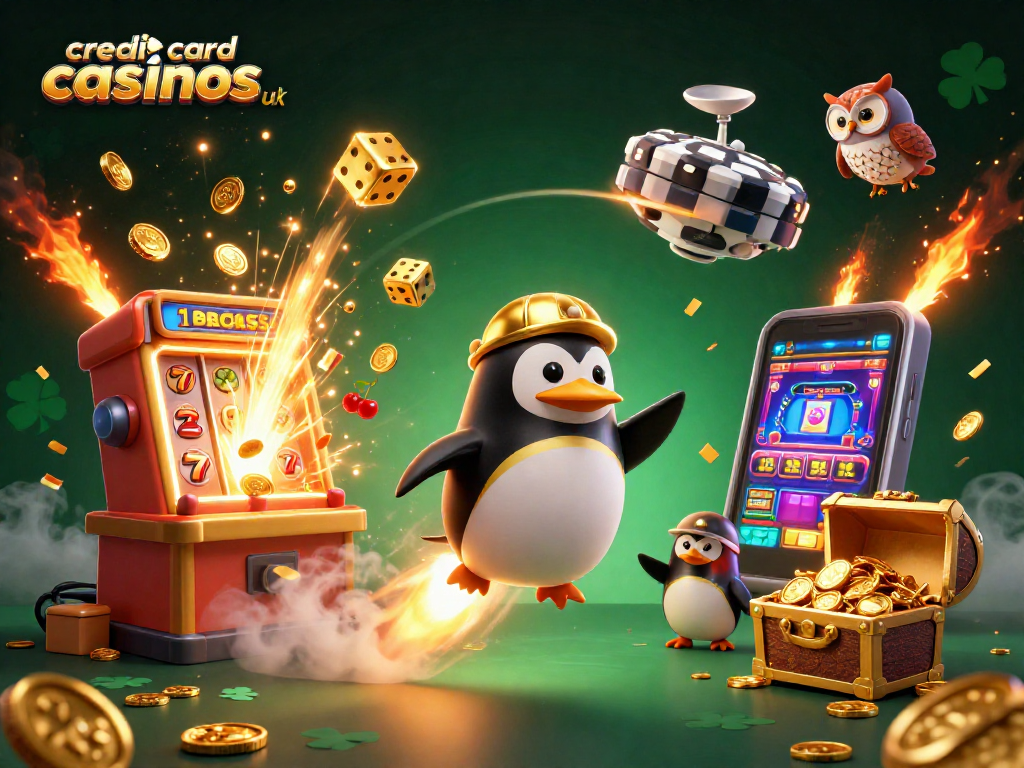 Experience top credit card casinos uk with a golden penguin and slot machine in this vibrant, casino-themed scene.