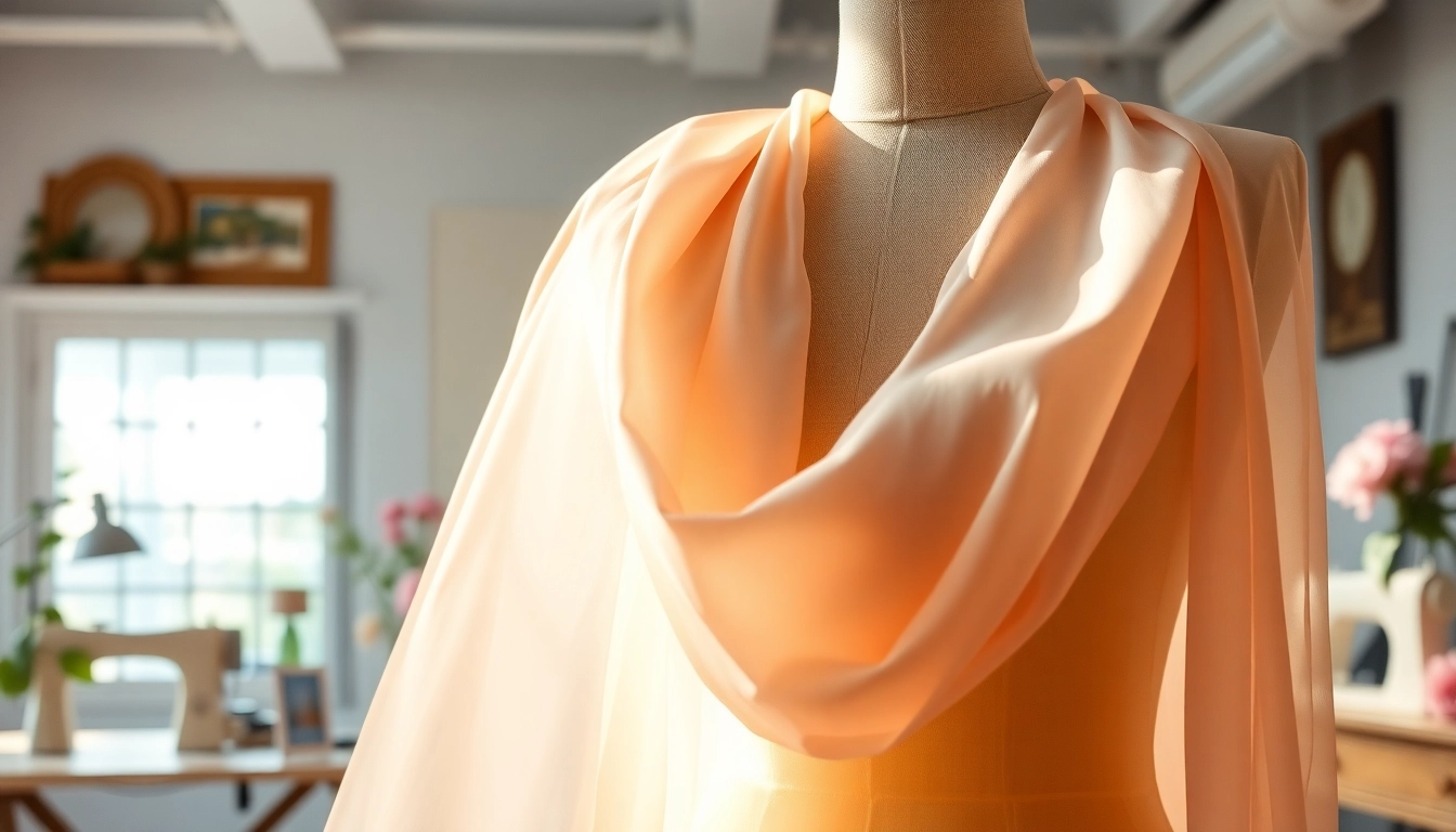 Chiffon stof prachtig gedrapeerd over een vintage modepop in een creatieve studio.