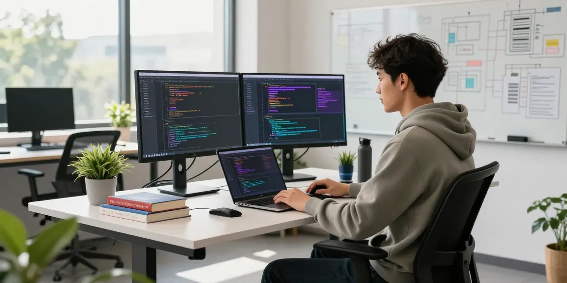 Dynamic developer in a modern workspace coding on dual monitors at 纸飞机官网 office.