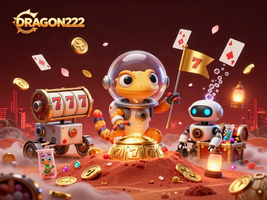 Spin to win with DRAGON222 at a vibrant casino scene with gold coins and slot reels.