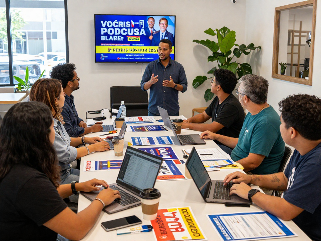 Dynamic campaign meeting focusing on political ad buying strategies in community space.