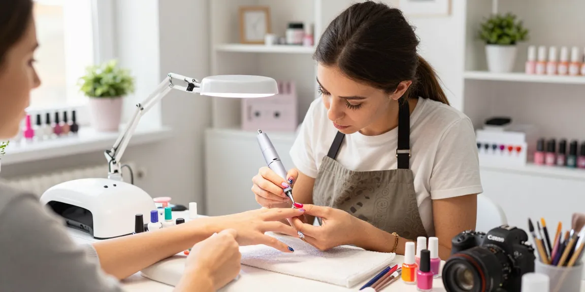 Folosind o freză de unghii electrică pentru îngrijirea unghiilor într-un studio de frumusețe vibrant.
