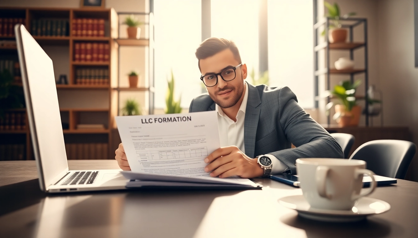 Entrepreneur filling out an LLC formation form in a professional setting with focus and determination.