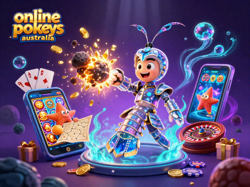 Experience online pokies australia in a vibrant 3D scene with a galactic mantis shrimp and colorful slots.
