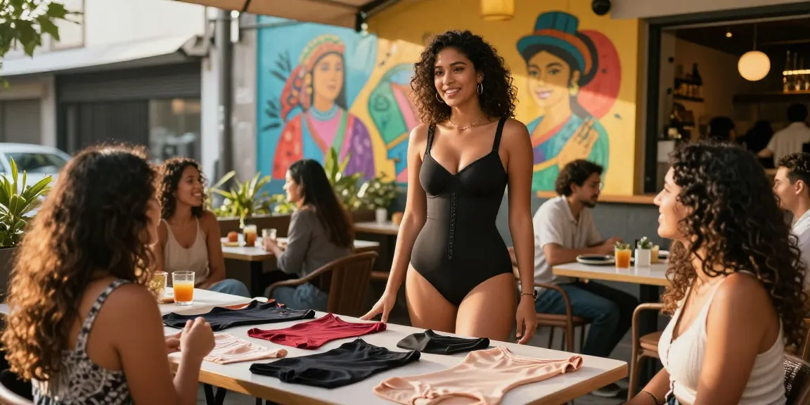 Wanita peden dengan https://colombianshapeweargaless.com di pakaian shapewear Kolombia di kafe kota, suasana ceria dan modis.