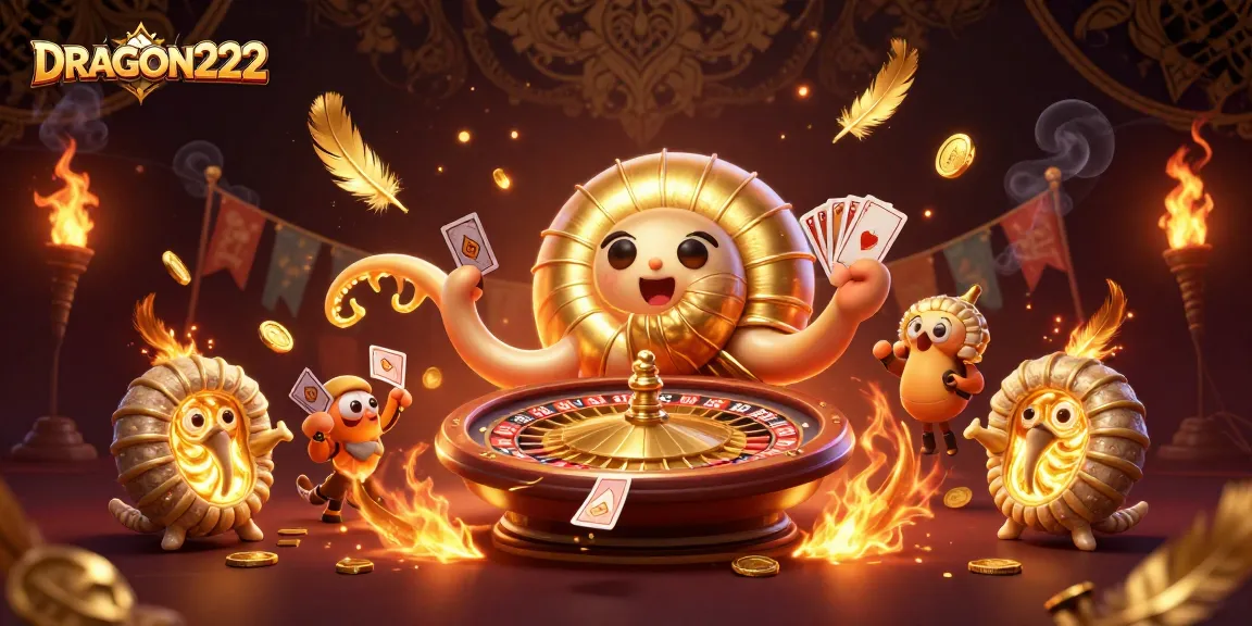 Experience strategic gaming with DRAGON222's dynamic slot scene showcasing golden elements and engaging characters.