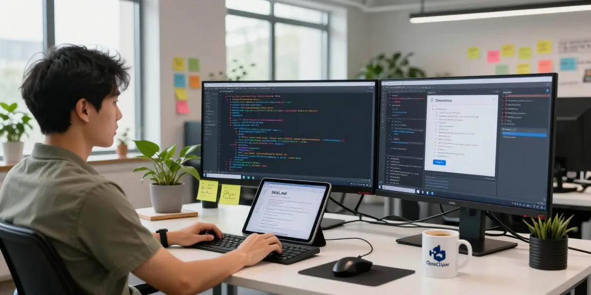 Engineer configuring openclaw skill in a modern AI workspace with code on multiple screens, showcasing an innovative tech environment.