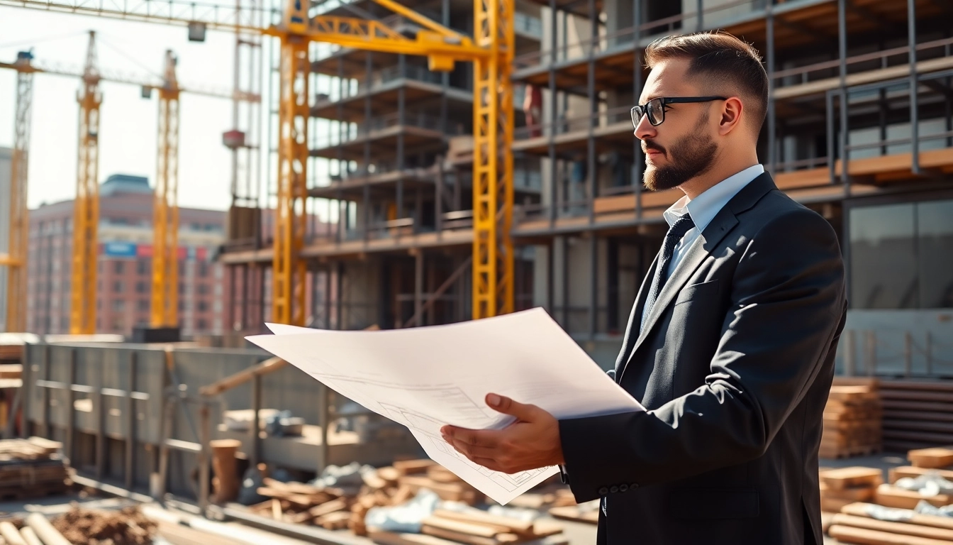 New York Construction Manager assessing plans on an active construction site.