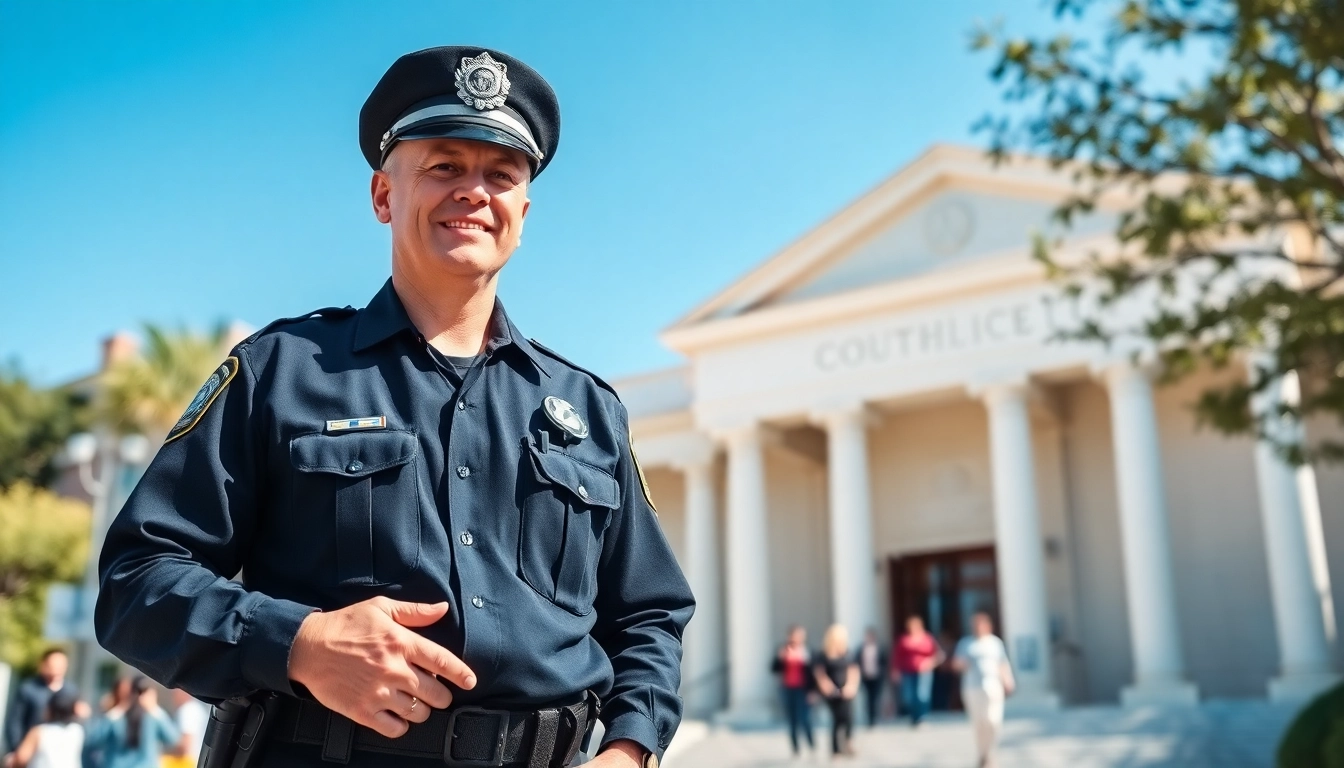 Find details on the Orange County Inmate search process with a friendly police officer in front of a courthouse.