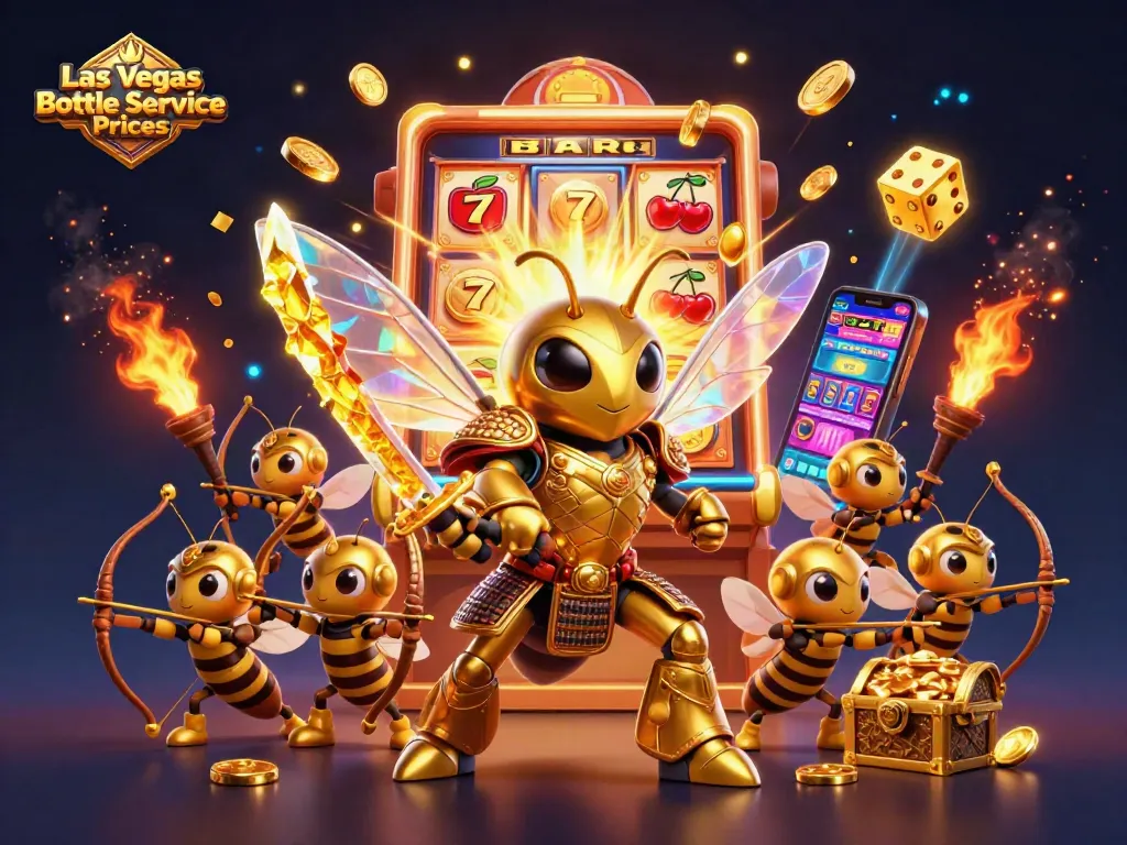 Experience Las Vegas Bottle Service Prices with vibrant gaming elements and a golden hornet in a dynamic casino scene.