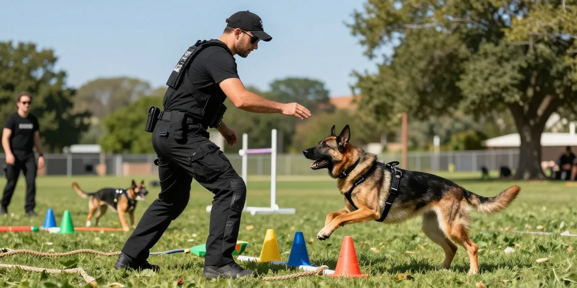 Active dog training scene showcasing rokok88 link alternatif K9 gear, featuring a handler and a working dog in a sunny park environment.
