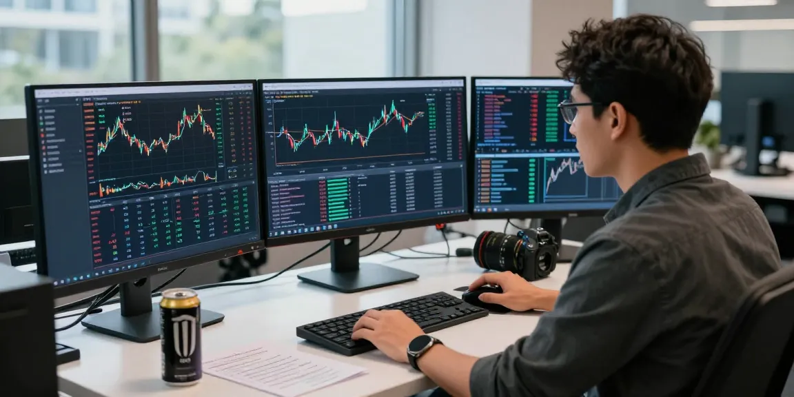 Trader utilizing MetaTrader 5 on multiple screens in a high-tech office.