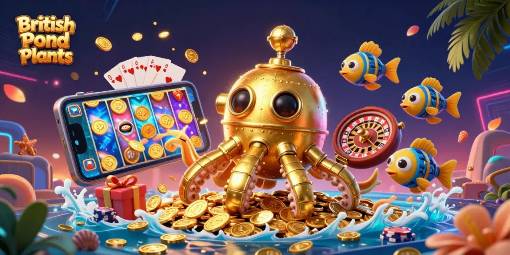 Engaging British Pond Plants gaming scene featuring a submarine, coins, and slot game elements.