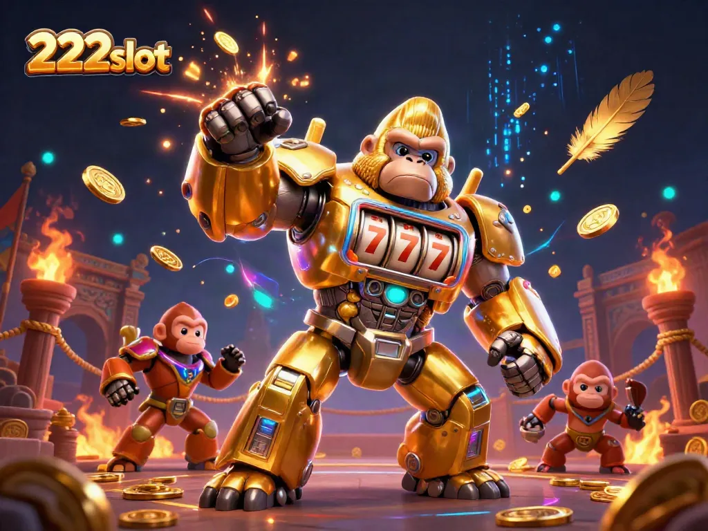 Gorila emas megah di 222slot dengan simbol slot menang dan koin bertebaran.