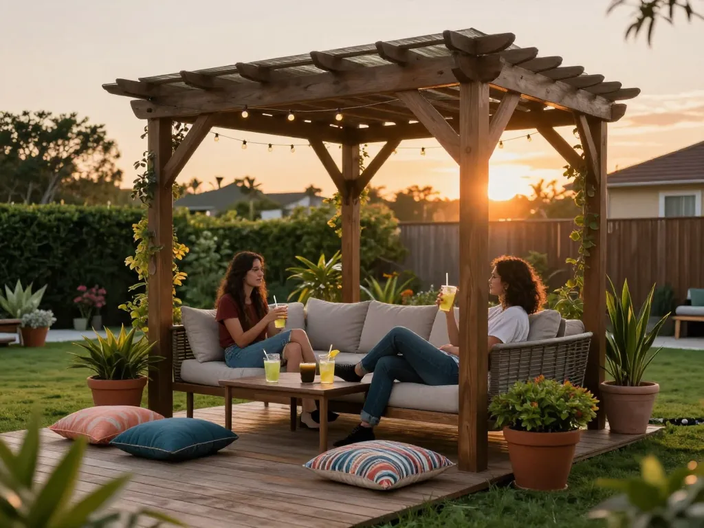 Creating a beautiful backyard with an online pergola configurator, showcasing a relaxing outdoor scene with friends and plants.