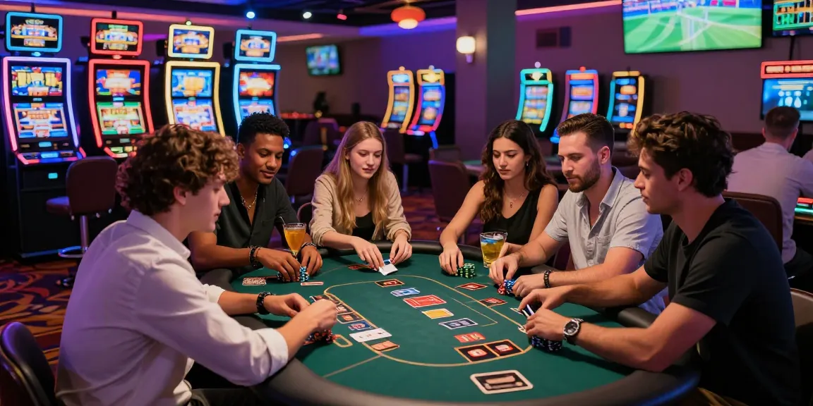 Group of friends enjoying gaming at casinos that accept credit cards with vibrant neon lights.