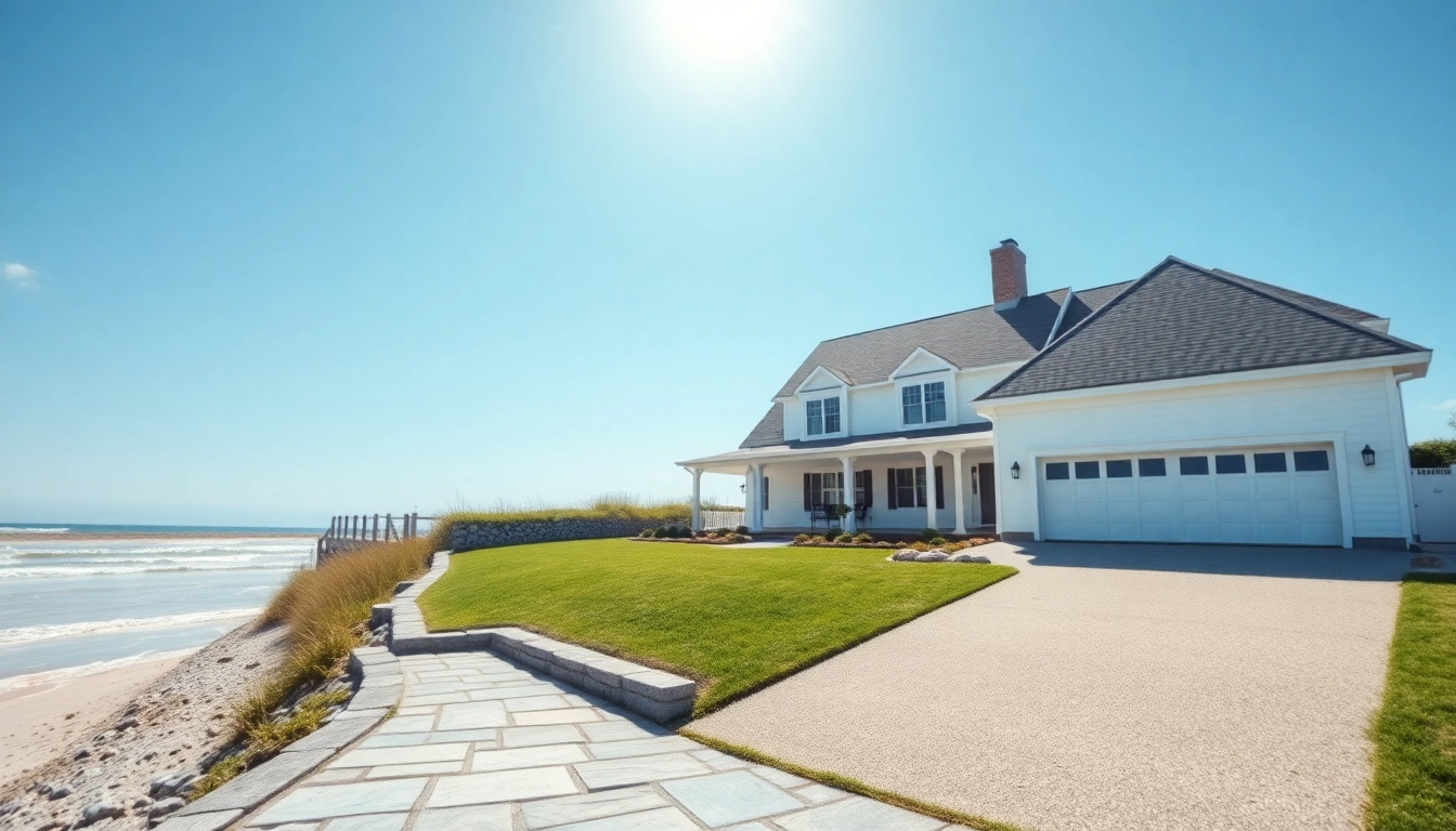 cape cod home with an attached garage surrounded by a coastal landscape and clear blue skies