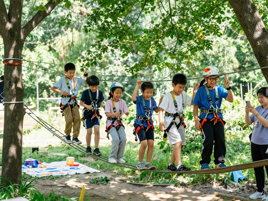 Children crossing a rope bridge in a vibrant outdoor setting, enjoying the thrill of adventure.