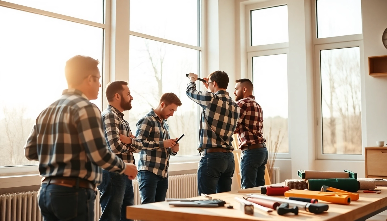 Window installation team working professionally in a bright home setting.