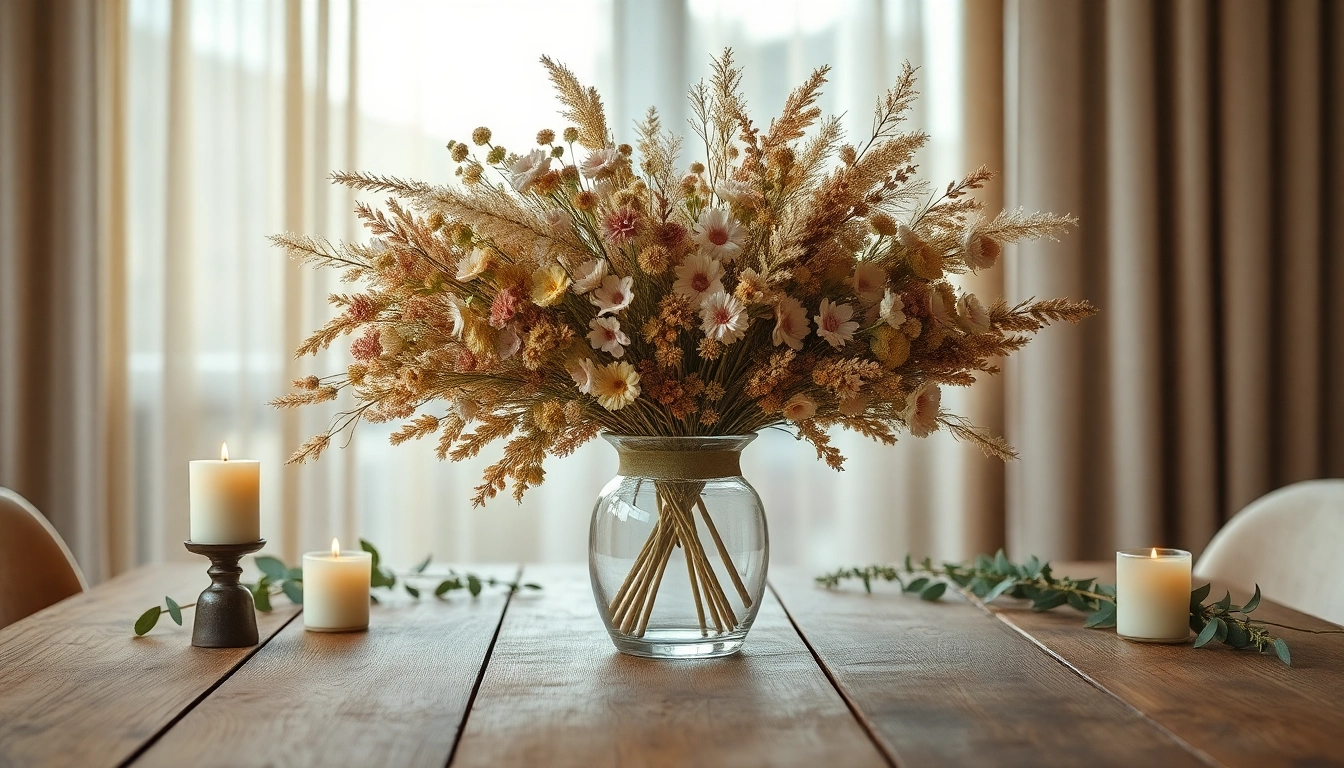 Showcasing diverse dried blooms arranged beautifully in a stylish vase amidst a cozy setting.