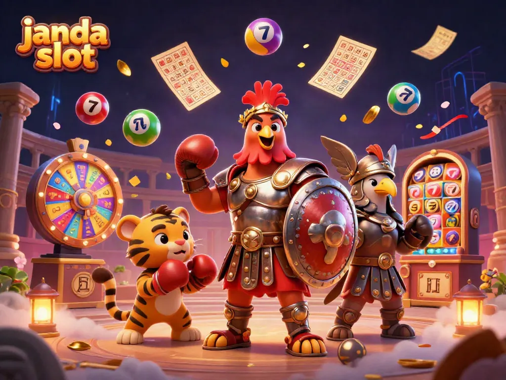 Permainan slot di janda slot ditampilkan dengan karakter ayam jantan dan efek visual spektakuler.