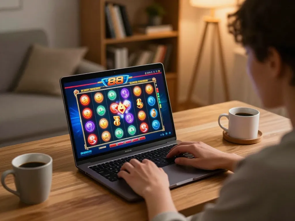 Engaging gameplay on slot88 with vibrant interface displayed on a laptop in a cozy home setting