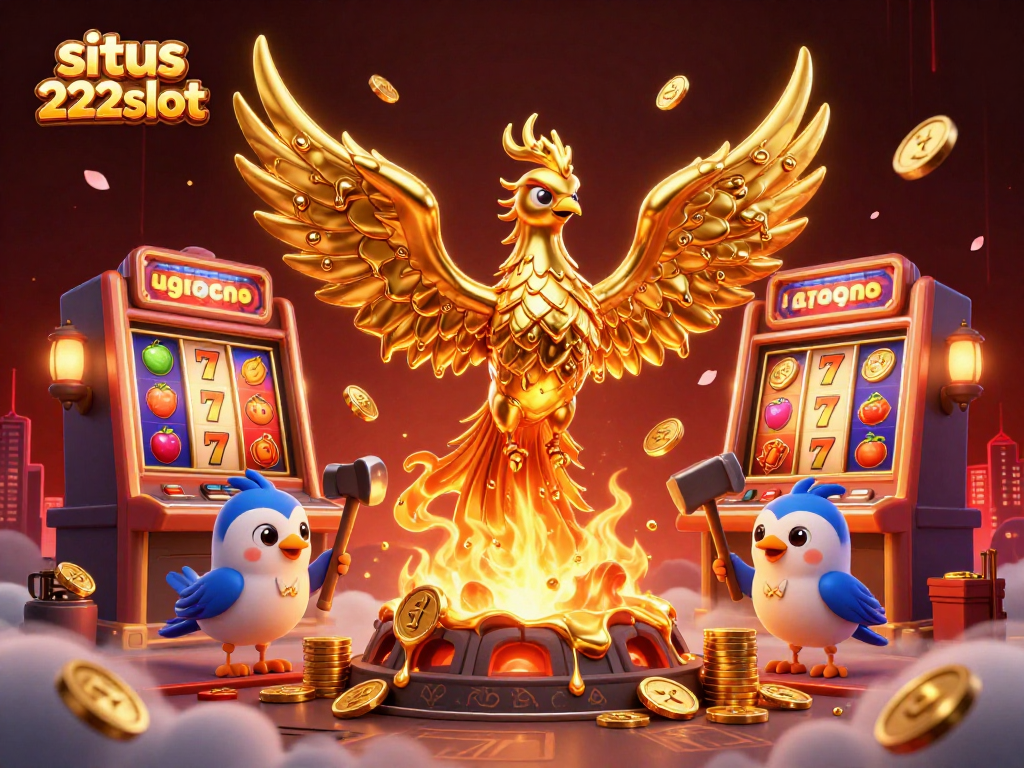 Mengakses situs 222slot sambil menikmati permainan slot dengan phoenix emas yang mengalirkan koin ke udara.