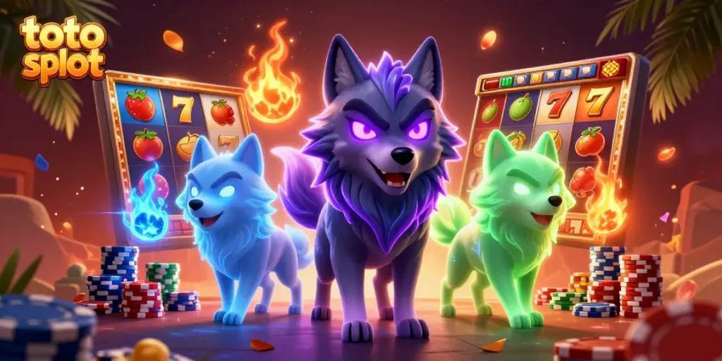 Menggandakan kesenangan bermain toto slot dengan simbol keberuntungan dan energi magis dalam ilustrasi kasino.