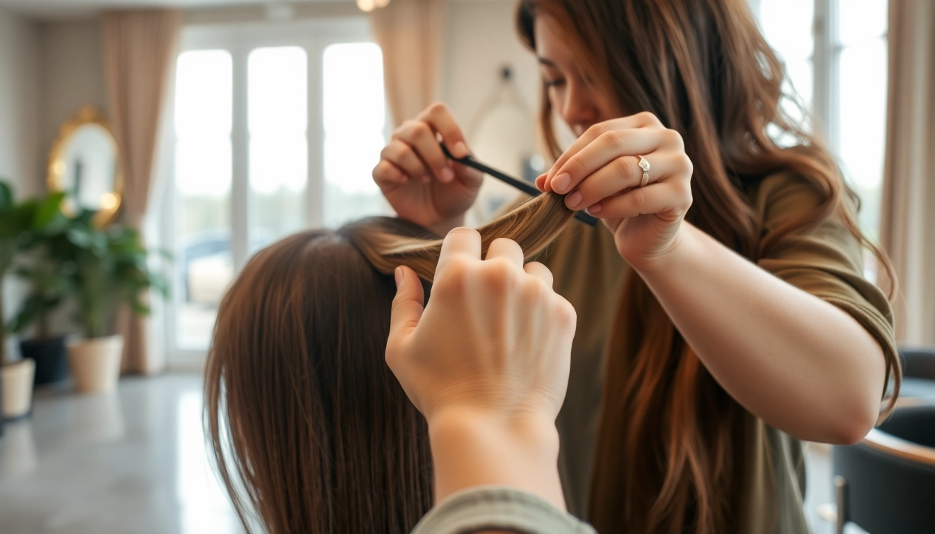 Stylist applying sew in weft hair extensions in a chic salon environment.